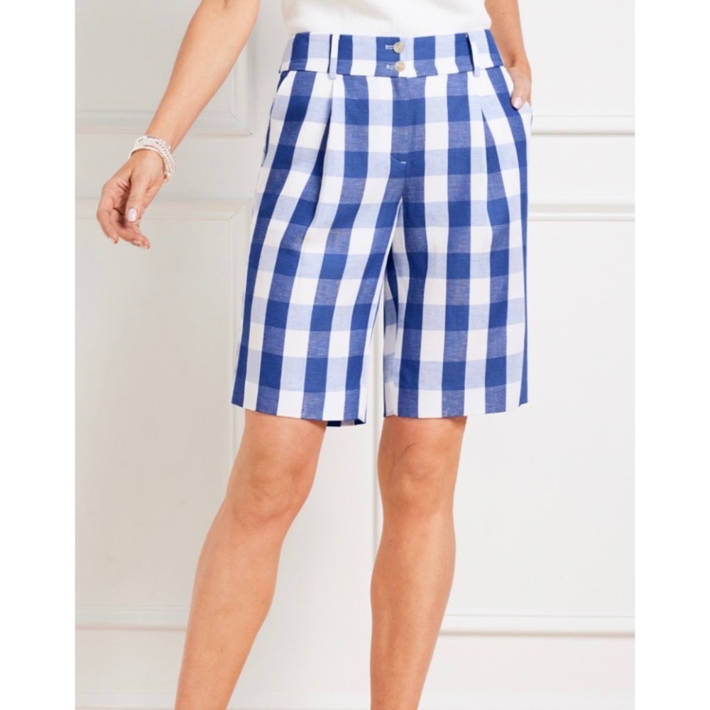 Talbots Blue White Gingham Linen Blend Pleated Shorts Womens 16 Buffalo Check